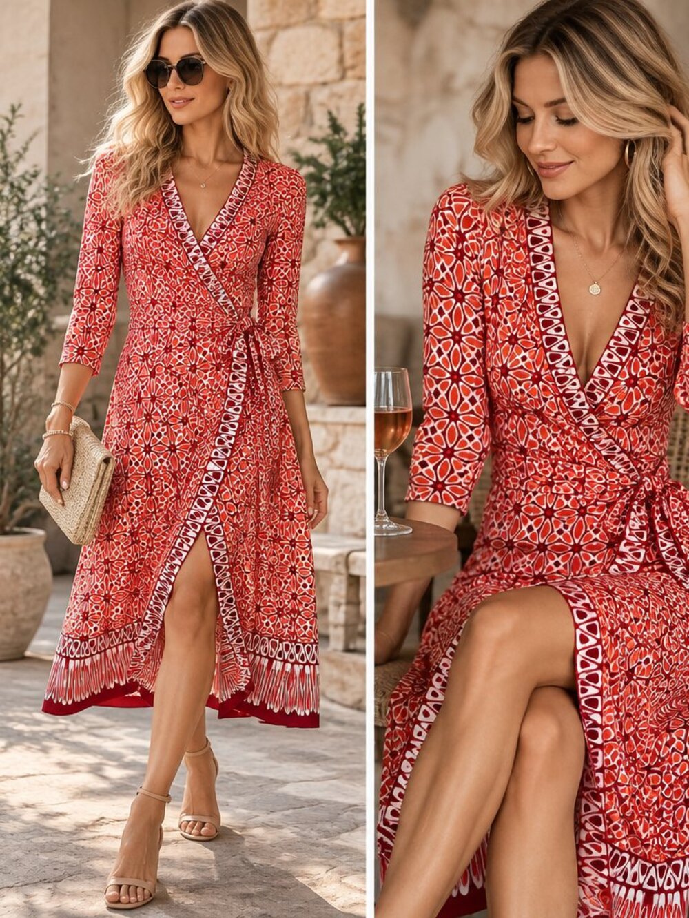 Max Studio Red Orange Geometric Wrap Dress Tie Waist Size S